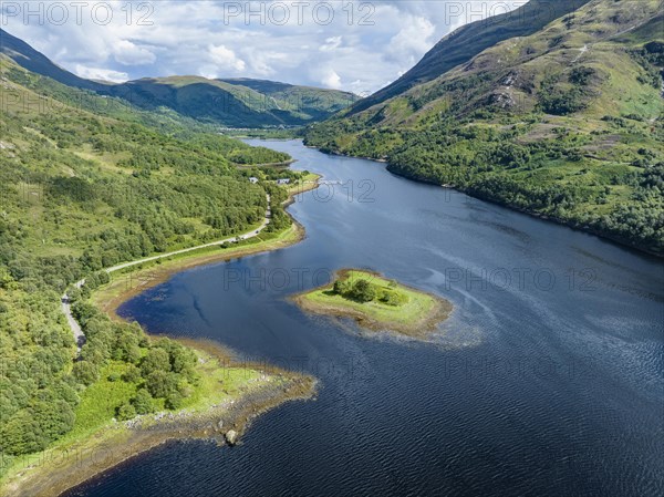 Aerial view of the eastern part of the freshwater loch Loch Leven with a small island