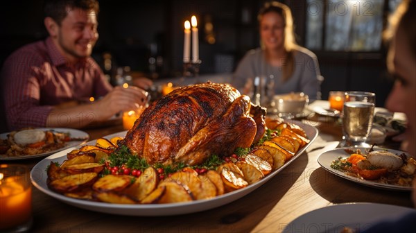 The delicious thanksgiving turkey and all the fixings at the table of family and friends