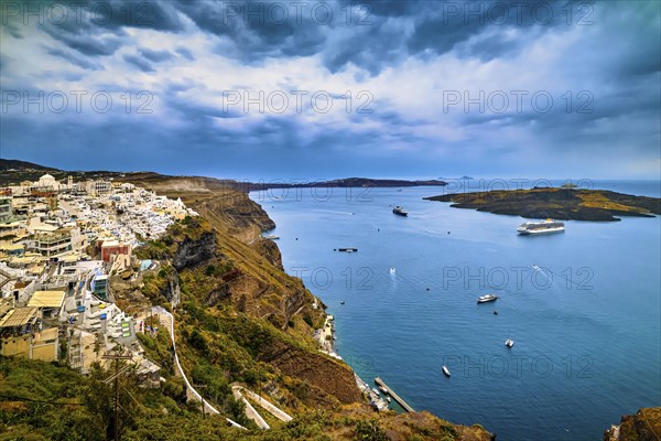 Aerial view of famous caldera bay on Santorini island