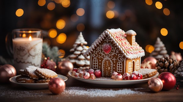 Christmas gingerbread house and treats on a small plate amist the decorations. generative AI