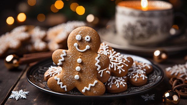 Christmas gingerbread man cookies on a small plate amist the decorations. generative AI