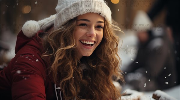 Festive young girl laughing with friends outside in the snow. generative AI