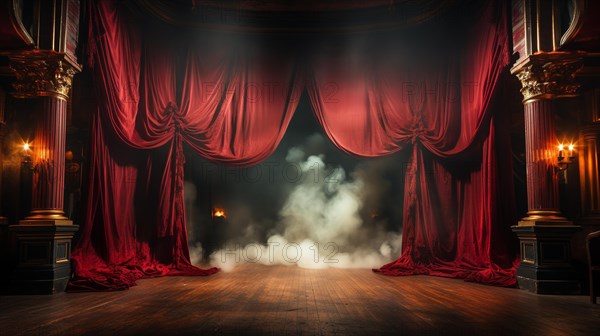 Theatre stage with red velvet curtains on fire. generative AI