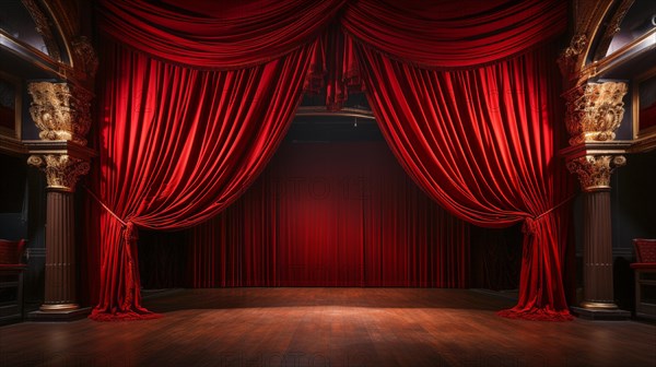 Dramatically lit lustrous red velvet theatre curtains and wooden stage floor. generative AI