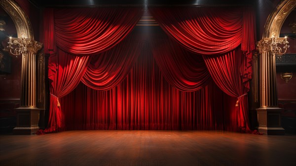 Dramatically lit lustrous red velvet theatre curtains and wooden stage floor. generative AI