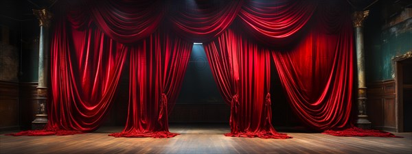 Dramatically lit lustrous red velvet theatre curtains and wooden stage floor. generative AI