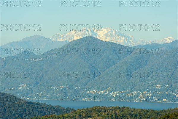Snow-capped Mountain Peak Monte Rosa and Alpine Lake Maggiore in a Sunny Day with Clear Sky in Ticino