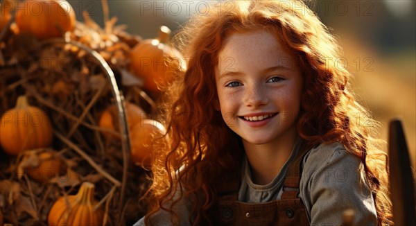 Cute smiling little red haired girl sitting amongst the fall foliage and pumpkins