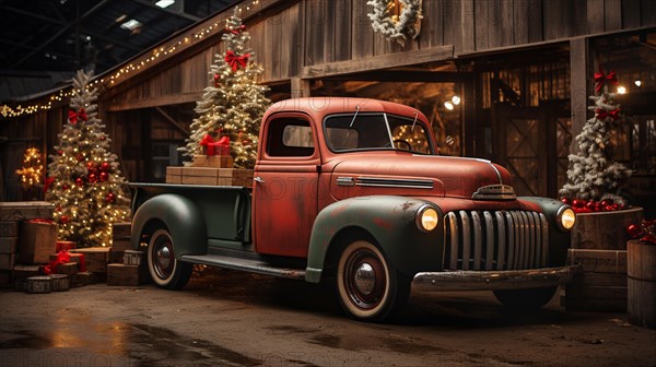 Vintage pick-up truck carrying A christmas tree parked outside festively decorated barn shop. generative AI