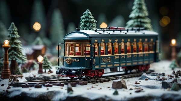 Model miniature troller train set and snowy christmas decorated town setting. generative AI