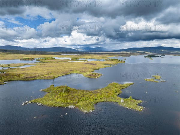 Aerial view of the islands and surrounding peat swamp of Loch Ba