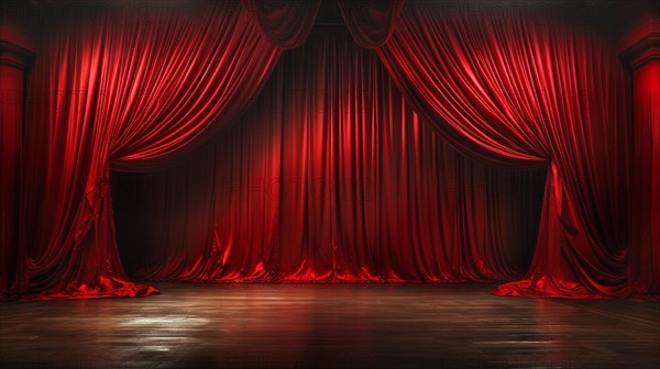 Dramatically lit lustrous red velvet theatre curtains and wooden stage floor. generative AI