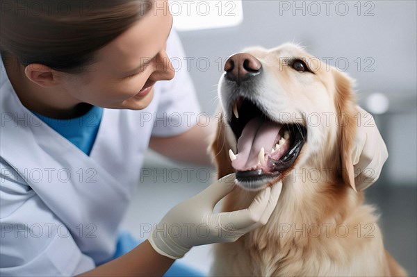 Friendly female veterinarian performing a check up on the dental health of a Golden Retriever dog. AI generated