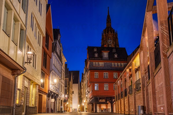 The lights of Frankfurt's New Old Town shine in the morning