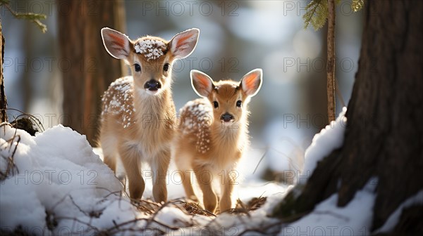 Two adorable fawn deer in the wintery wilderness. generative AI