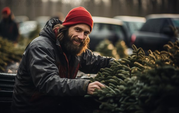 Young man working at the christmas tree farm during the holiday season. generative AI