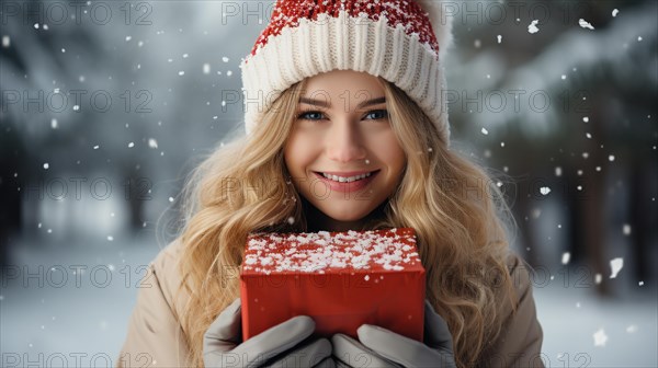 Cute festive girl dressed in warm christmas clothing holding a wrapped gift in the snow outside. generative AI