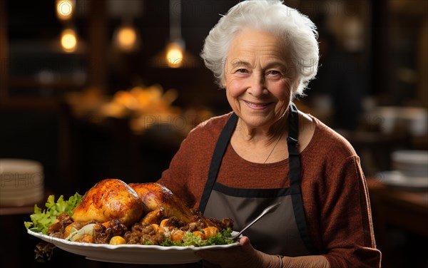 Happy elderly woman wearing her apron fixing her thanksgiving turkey and all the fixings in the kitchen