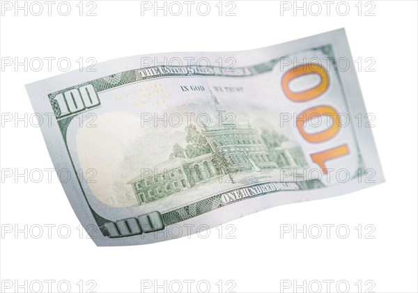 One hundred dollar bill falling or floating on empty background