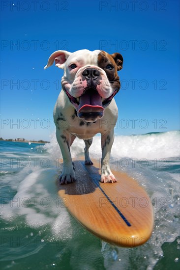 Excited American Bulldog riding a wave on a surfboard on a sunny day with blue sky. AI generated