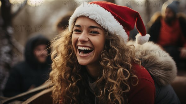 Festive young girl laughing with friends outside in the snow. generative AI