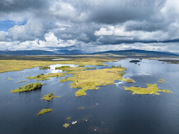 Aerial view of the islands and surrounding peat swamp of Loch Ba