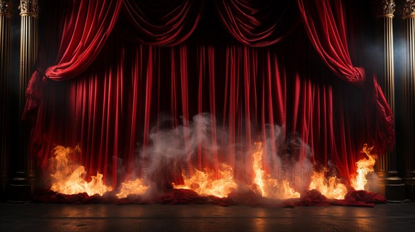 Theatre stage with red velvet curtains on fire. generative AI