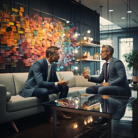 Managers working on problems in an office with post-it stickers