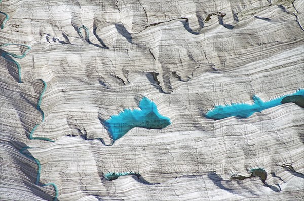 Meltwater lake nwith blue water on glacier