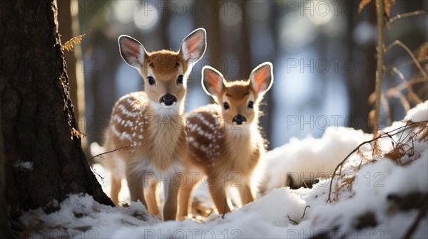 Two adorable fawn deer in the wintery wilderness. generative AI