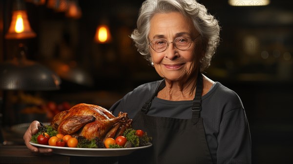 Happy elderly woman wearing her apron fixing her thanksgiving turkey and all the fixings in the kitchen