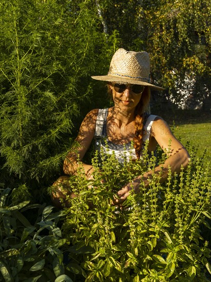 Woman in herb bed