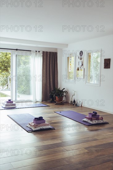 Empty yoga studio interior. Copy space. Vertical shot