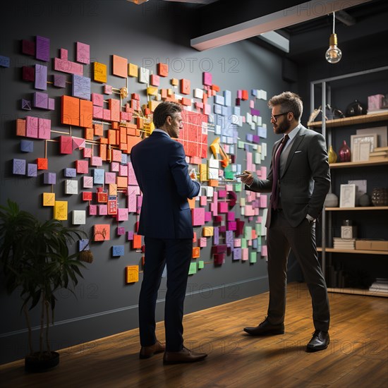 Managers working on problems in an office with post-it stickers