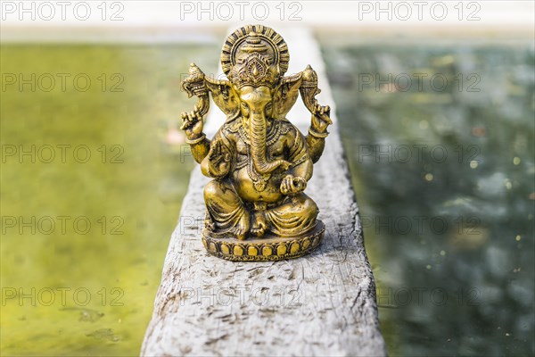 Gold Ganesha statue on a trunk over the water. Copy space