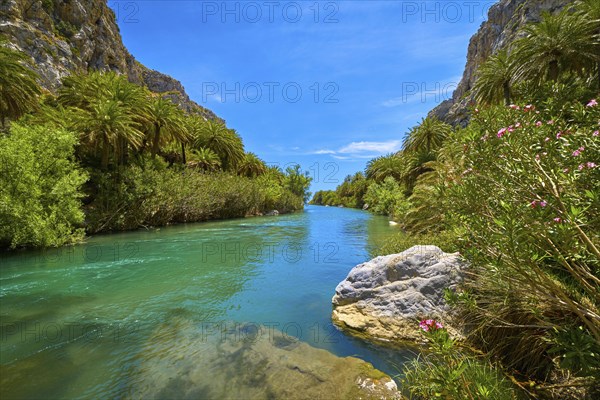 View of Kourtaliotis river and canyon near Preveli beach at Libyan sea