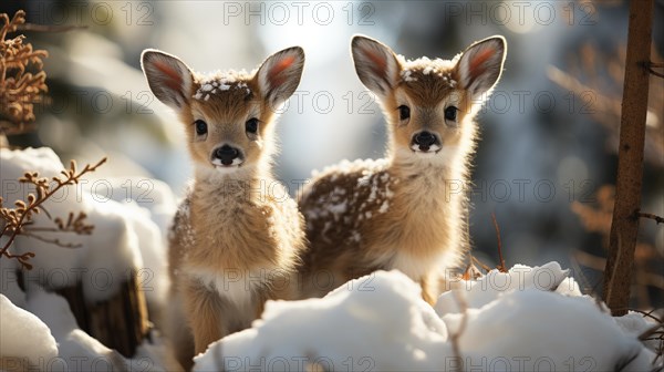 Two adorable fawn deer in the wintery wilderness. generative AI