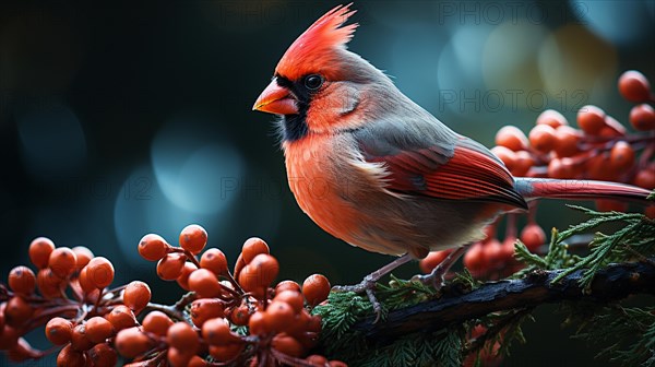 Christmas red cardinal bird on the branch on a wintery snowy day. generative AI
