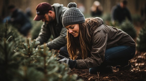 Workers planting sapling pine trees and the christmas tree farm. generative AI