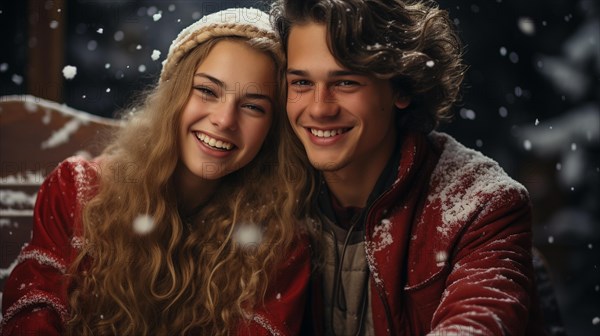 Festive young couple wearing santa hats laughing together in the snowy evening. generative AI