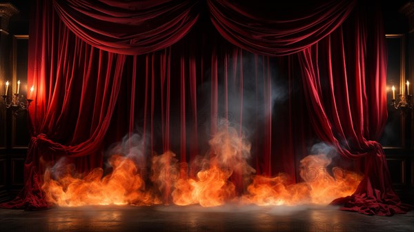 Theatre stage with red velvet curtains on fire. generative AI