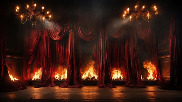 Theatre stage with red velvet curtains on fire. generative AI