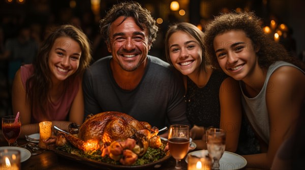 Thanksgiving family portriat at the seasonal dinner table