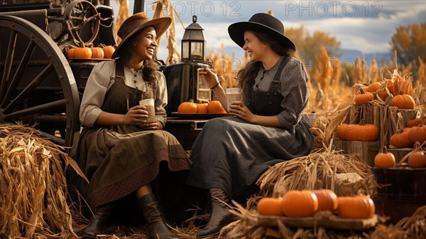 Two girlfriends laughing together while enjoying the fall gathering on the farm