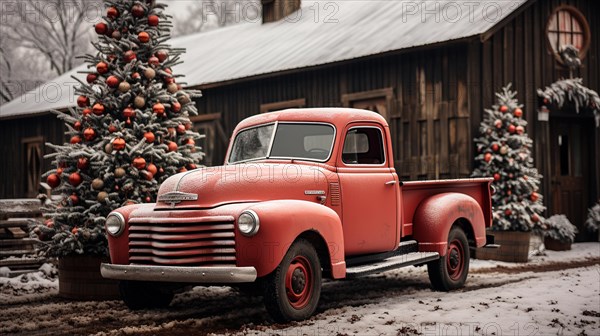 Vintage pick-up truck parked outside festively decorated barn shop. generative AI