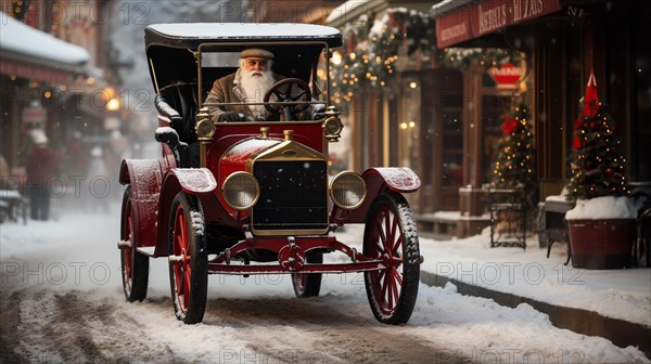 White bearded older man driving classic vintage car down the festively christmas decorated street. generative AI