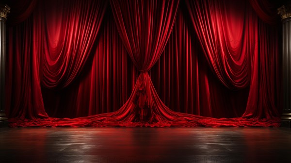 Dramatically lit lustrous red velvet theatre curtains and wooden stage floor. generative AI