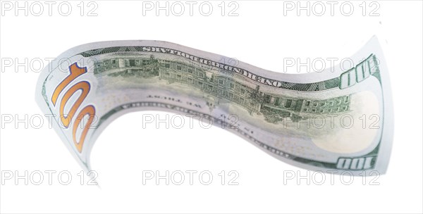 One hundred dollar bill falling or floating on empty background