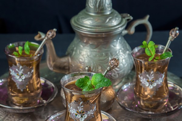 Close-up of a traditional Moorish mint tea service