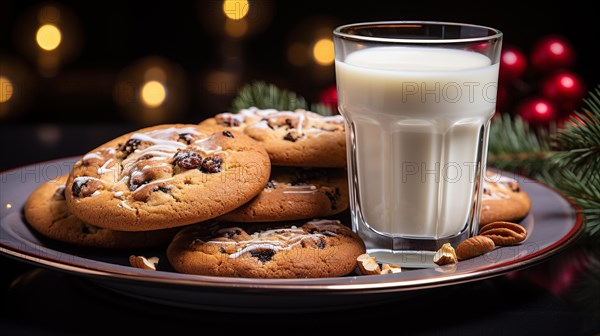 Chocolate chip cookies and milk on a small plate waiting for santa clause amist the decorations on christmas eve. generative AI